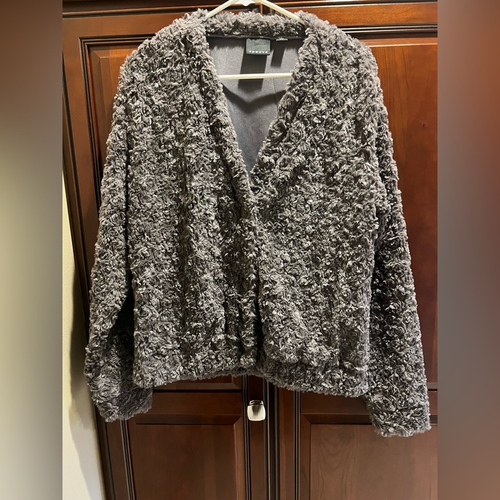 TROUVE Gray Faux Fur Textured Women's Jacket Sweater Cardigan w/Silver Flecks- L